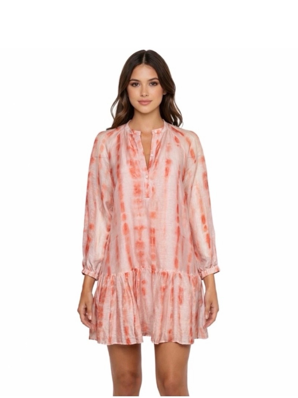 Marie Oliver Coral and White Tie-Dye Ruffle Tunic